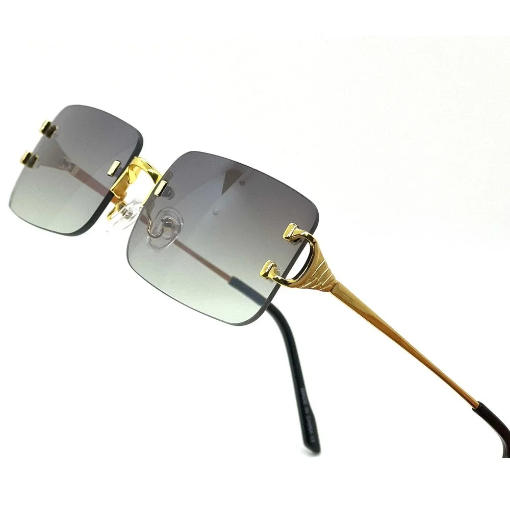 Rimless Rectangle Sunglasses Gold Frame Green Lens Fashion Shades Men Street New
